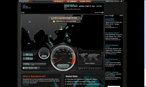網速測試一：連線到 www.speedtest.net 並連線到香港伺服器進行網速測試，最後得到下載及上載速度，分別為 807kbps 及 346kbps，可見實際上下載表現只屬一般。