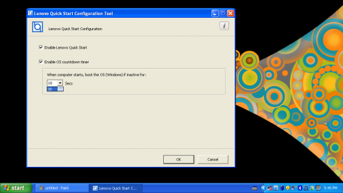 開機時，用家只需按動指定按鍵，便可進入《Quick Start》介面。如用家想直接進入《Windows XP》，可在《XP》中的《Lenovo Quick Start Configuration Tool》中，設定開機時閒置多久便直接進入《Windows》作業系統，十分方便。當然，如用家根本用不著此介面，同樣可在此介面取消勾選「Enable Lenovo Quick Start」，系統便會直接進入《Windows》作業系統了。