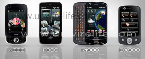 Acer 4 部全新 WM 手機（左至右）：X960、F900、M900 及 DX900。