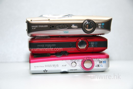 串「色」三兄弟來個疊疊樂，可見中間的 IXUS 100 IS 機身最薄；而由於 IXUS 110 IS 採用長闊機身設計及 16：9 屏幕，所以機身較其他兩「兄弟」長。至於 IXUS 95 IS，設計大致與上代 IXUS 90 相差不遠。
