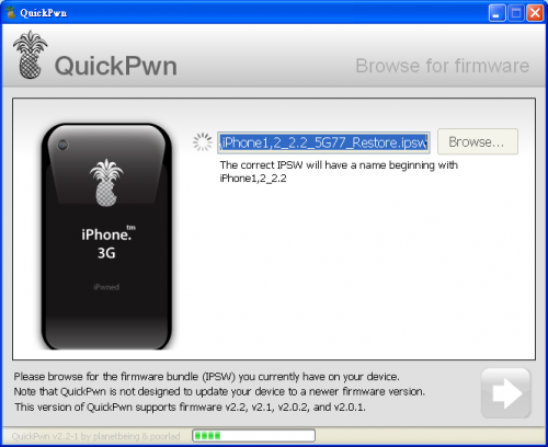 QuickPWN 會自動偵測系統中的 iPhone 2.2 更新檔，按下一步就可以了。